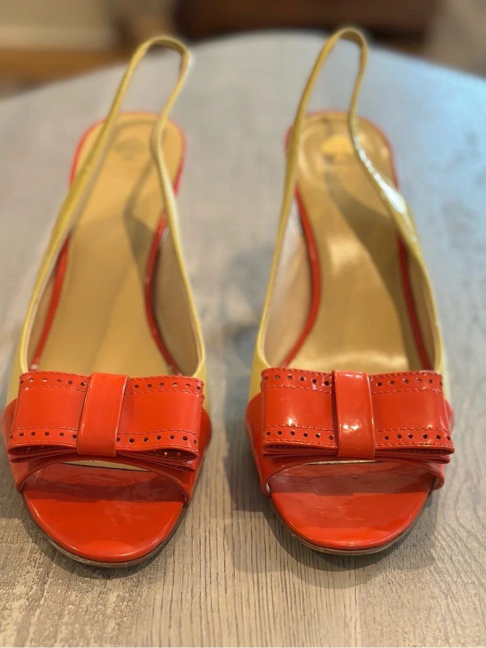 Kate Spade NY Patent Leather Slingback Bow Heels Coral Cream Size 10M